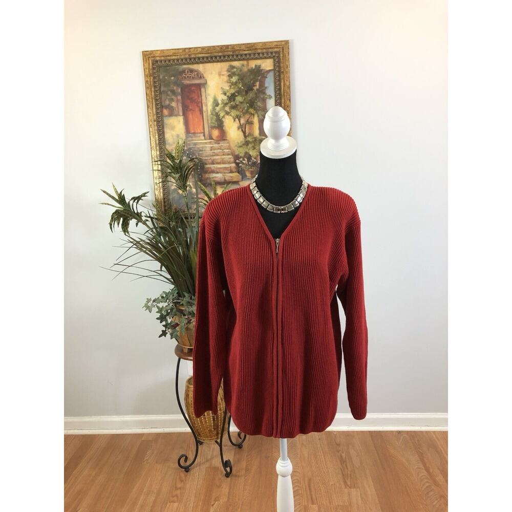 Lord & Taylor Women Sweater Cardigan L Red Long Sleeve Open Full Zipper Knit
